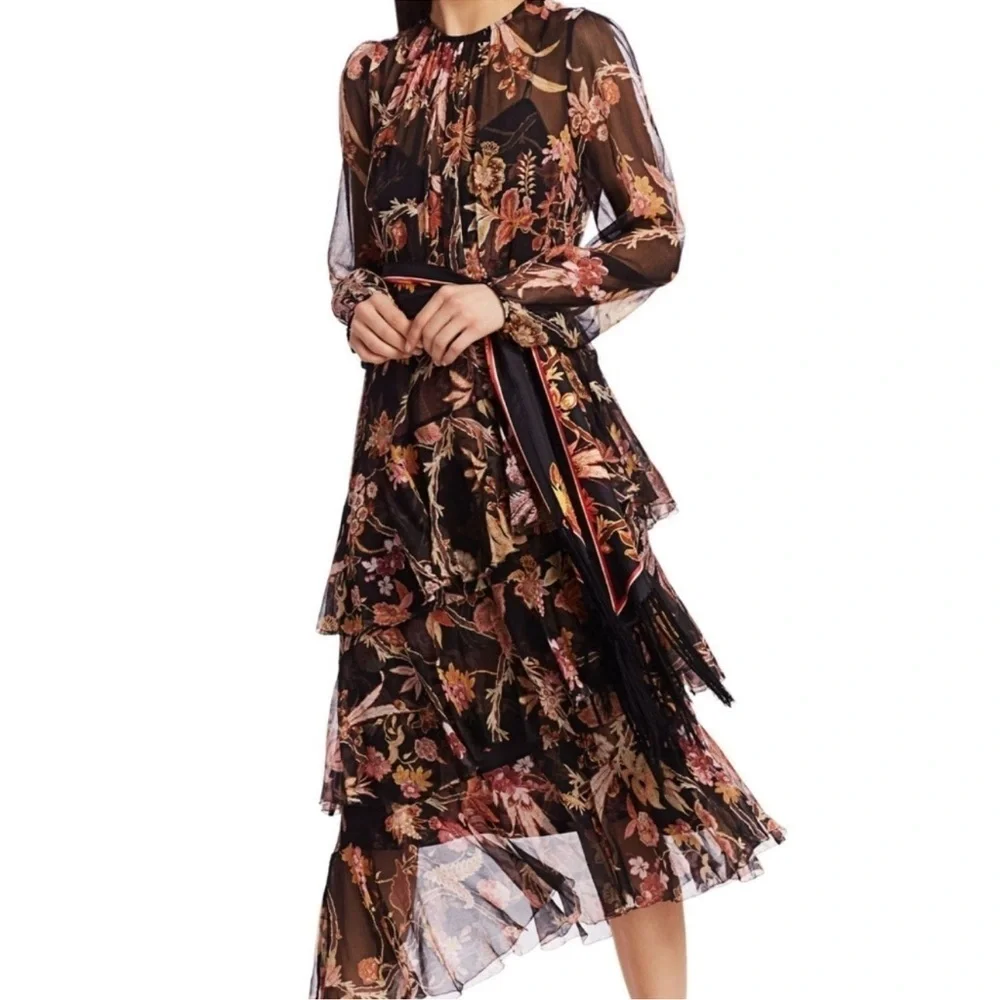 zimmermann tiered silk midi dress Tiered floral-print silk-crepon midi dress - black